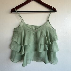 Y2K reFresh Silk Tiered Ruffle Cami Sage Green Spaghetti Strap Layered Tank Med
